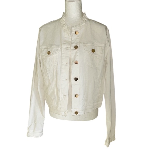 Draper James White Denim Ruffle Trim Cropped Jean Jacket - L - Picture 5 of 15